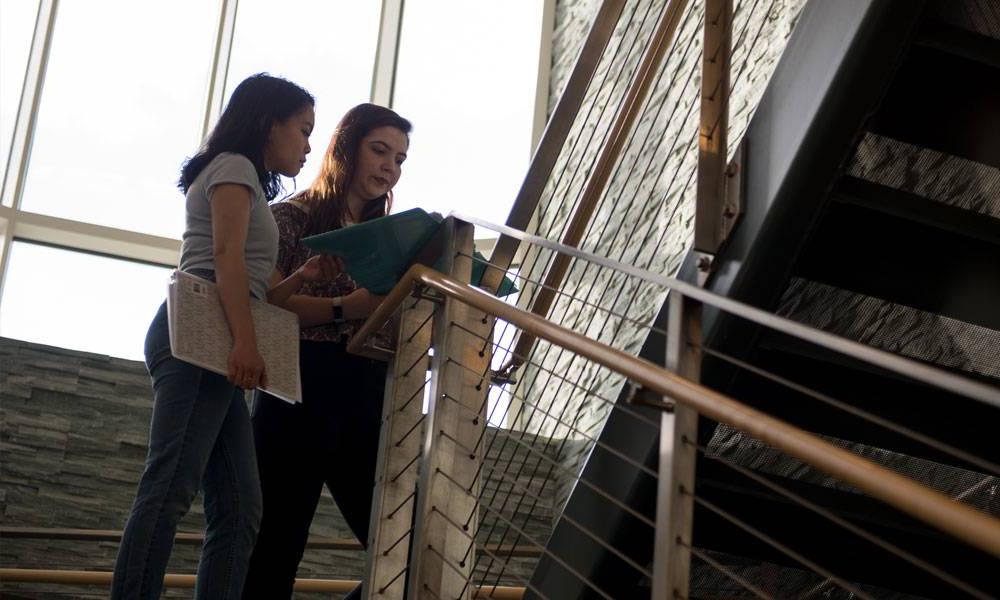 Students check an assignment on the stairwell in Cohen Science Center